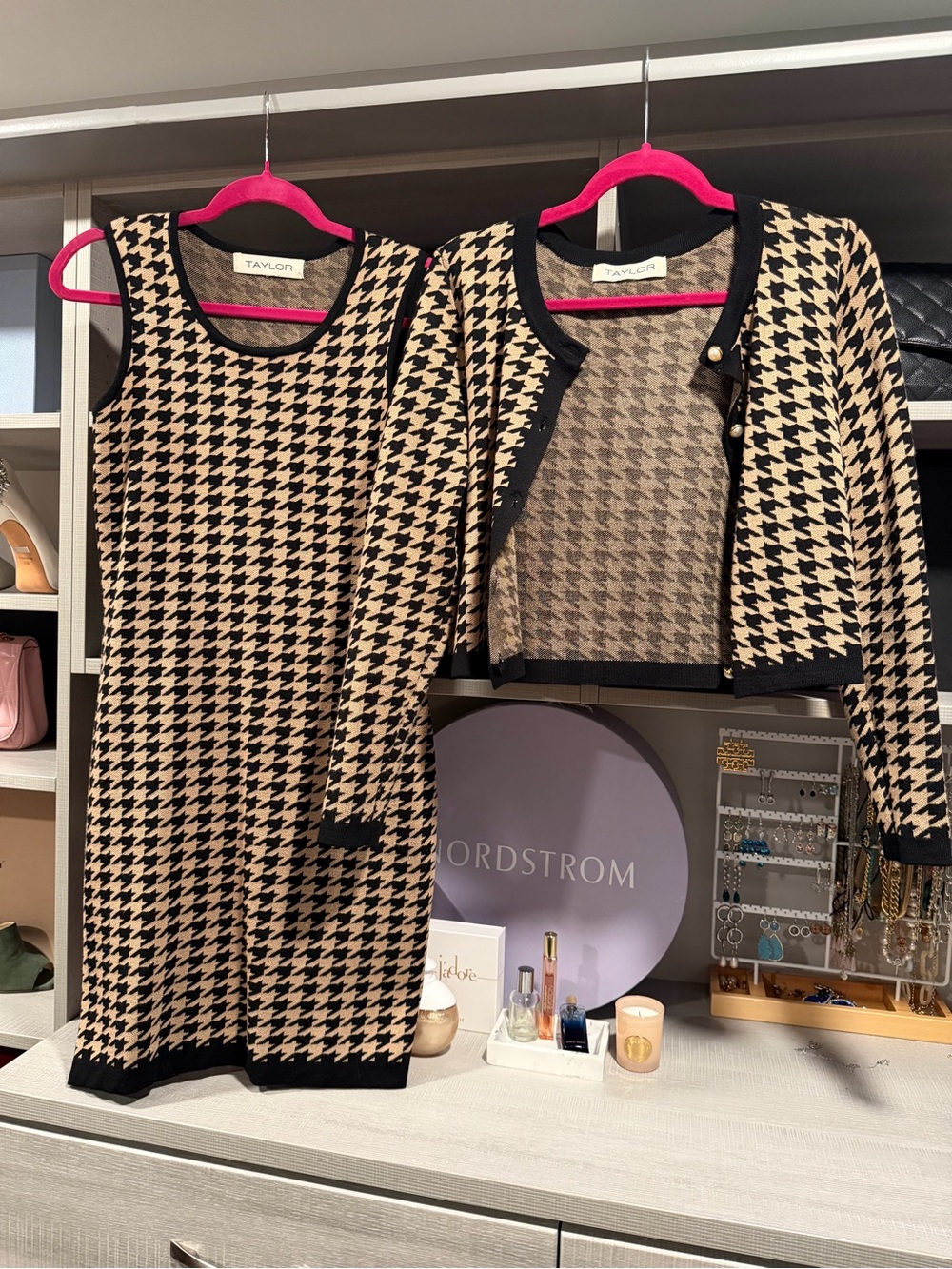 Taylor Black and Cream Houndstooth Knit Dress with Matching Cardigan